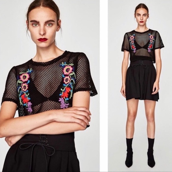 Zara Tops - Zara Black Mesh Knit Floral Embroidered Print Mesh Crop Top